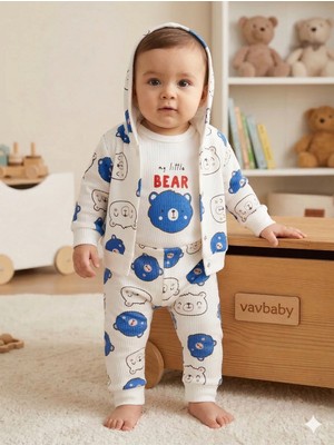 Vavbaby Ayıcık Desenli 3’lü Bebek Takımı - Kapüşonlu Hırka, Zıbın Body ve Alt Pijama Seti Mavi