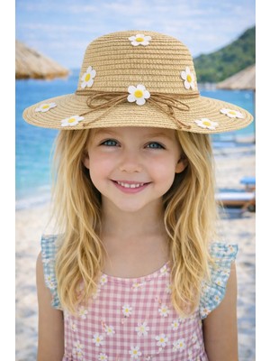 Yazlık Papatya Süslemeli Kız Çocuk Hasır Fötr Şapka 4-8 Yaş (48 Cm)