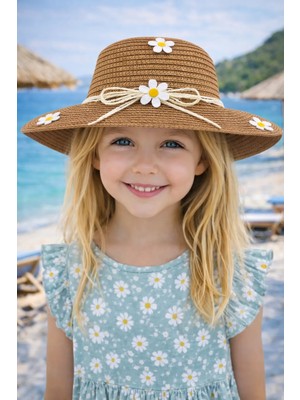 Yazlık Papatya Süslemeli Kız Çocuk Hasır Fötr Şapka 4-8 Yaş (48 Cm)