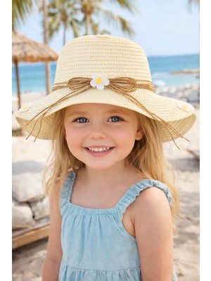 Yazlık Papatya Süslemeli Kız Çocuk Hasır Fötr Şapka 4-8 Yaş (48 Cm)