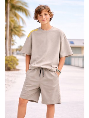 Erkek Çocuk Basic Oversize Tişört & Şort Takım (Bej)