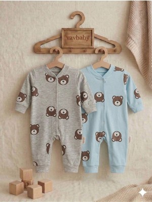 Vavbaby Ayıcık Desenli Pamuklu Bebek Tulum Seti - 2’li Paket (Mavi-Gri)