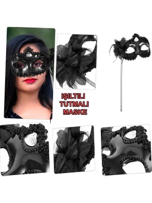Mey İthalat Mey Ithalat® Siyah Işıltılı Tutmalı Fotoğraf Çekimi Maskesi 18X29 cm