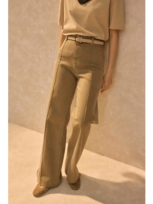 Nervürlü Denim Pantolon Kum Beji