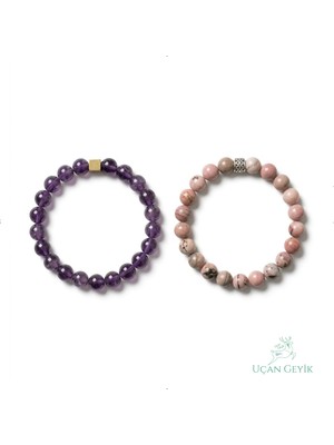 Uçan Geyik Pembe Kuvars Ametist Doğal Taş Bileklik Seti 8mm - Ruhsal Denge, Stres Azaltma - Esnek Tasarım