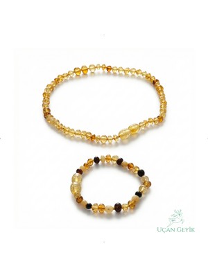 Uçan Geyik Kehribar Bebek Bileklik ve Kolye Seti - Diş Çıkarma, Güçlü Bağışıklık  - Esnek Tasarım