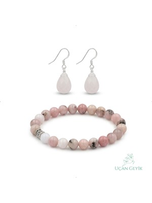 Uçan Geyik Pembe Kuvars Doğal Taş Küpe ve 8mm Bileklik Seti - Duygusal Huzur ve Sevgi Taşı  - Esnek Tasarım