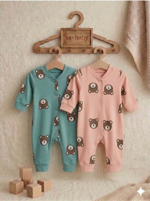 Vavbaby Ayıcık Desenli Pamuklu Bebek Tulum Seti - 2’li Paket (Pembe-Yeşil)