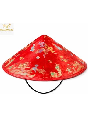 Esranın Dünyası Kırmızı Saten Çin Desenli Dragon Işlemeli Şapka – Lastikli RSPRD34-ESRDNS