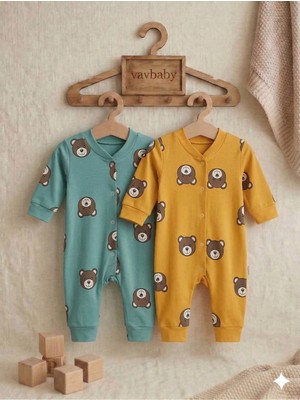 Vavbaby Ayıcık Desenli Pamuklu Bebek Tulum Seti - 2’li Paket (Sarı-Yeşil)