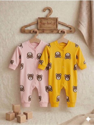 Vavbaby Ayıcık Desenli Pamuklu Bebek Tulum Seti - 2’li Paket (Sarı-Pembe)
