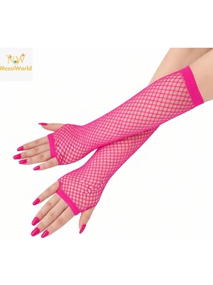 Belle Fusion Mey Ithalat® 80’ler 90’lar Retro Neon Fuşya Şeker Pembesi File Parmaksız Eldiven 26 cm