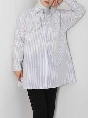 Modamorfo Inci Düğmeli Çizgili Broşlu Gömlek  -Bej