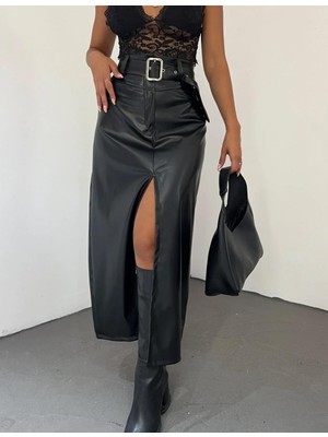 362 Fashion Butik Önü Yırtmaçlı Deri Etek