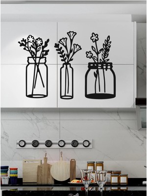 Hobibahçem Çiçekli Kavanozlar - Ahşap Mutfak Duvar Dekoru (3 Lü Set)