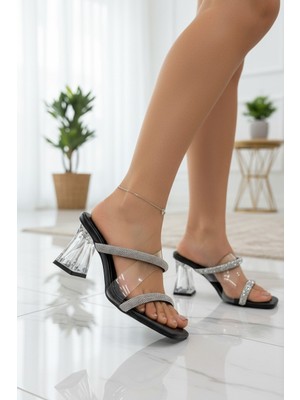 Enoch Kadın Işıltılı Çapraz Şeritli Şeffaf Bantlı Küt Burun Şeffaf Topuklu Terlik
