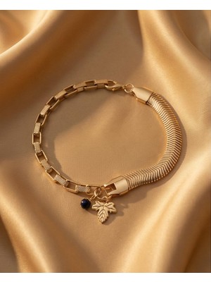 Mervan Takı Altın Renk Bijuteri Bileklik – Zincir & Yılan Model Kombin, Yaprak Charm Detaylı Şık Tasarım