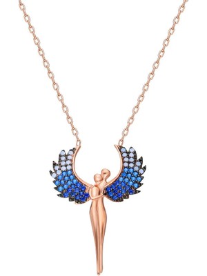 Modahilye Modhilye - 925 Ayar Gümüş Aşk Meleği Sarılan Çiftler Rose Gold Kolye