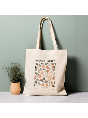 Ninastore %100 Pamuklu Tote Çanta, Çiçek Pazarı, Berlin. Çevre Dostu Alışveriş Çantası, Ömürlük Çanta.