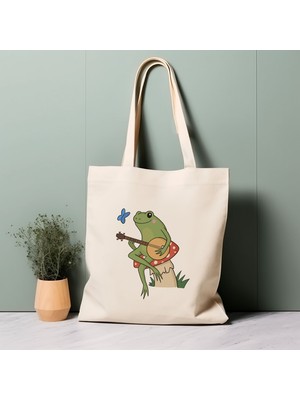 Ninastore %100 Pamuklu Tote Çanta, Mantar Üzerinde Gitar Çalan Kurbağa, Çevre Dostu Estetik Alışveriş Çantası, Ömür Boyu Kullanabileceğiniz Çanta