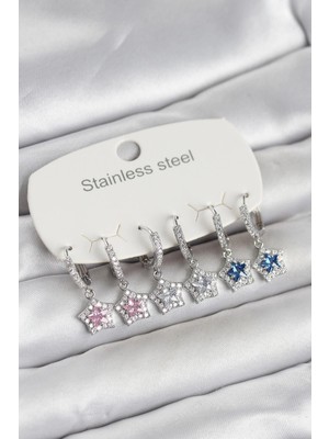 Calperia 316L Çelik Gümüş Renk Zirkon Taşlı Yıldız Form 6'lı Set Kadın Küpe