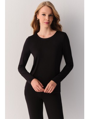 Suwen Uzun Kollu T-Shirt Kadın Klasik Yaka Siyah Renk Modal Kumaş Özel Tasarım