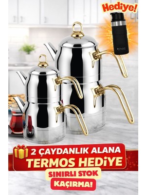 PremiumPort Şık Altın Kulp Ayperi Orta + Mega Boy Çaydanlık Seti ve Termos Hediye