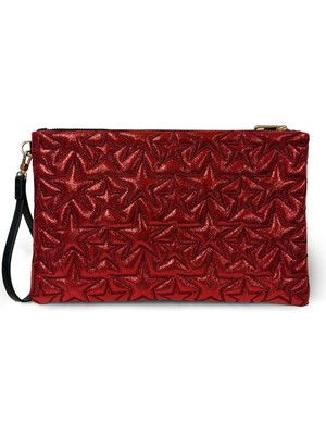 Ecrou Yıldız Desenli Kırmızı Parlak Portföy & Clutch Çanta Çıkarılabilir Bileklik Askılı 30 x 19 cm