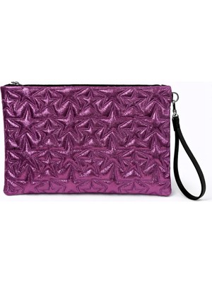 Ecrou Yıldız Desenli Fuşya Parlak Portföy & Clutch Çanta Çıkarılabilir Bileklik Askılı 30 x 19 cm