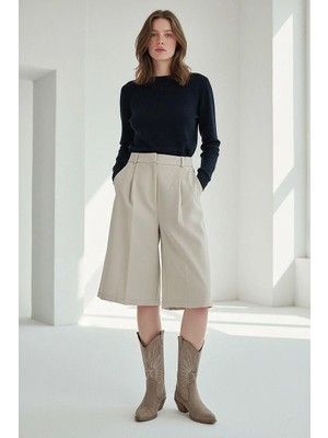 Madmext Taş Rengi Pileli Cepli Kadın Bermuda MG2620