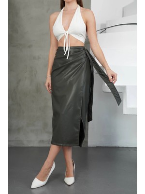 Esranın Dünyası Kuşaklı Uzun Deri Etek Haki H26414