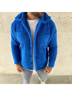 Marsilyan- Erkek Pelüş Polar Hırka Gömlek – Yakalı, Ilik Düğmeli, Göğüs Cepli, Yumuşak Dokulu Kışlık Regular Fit Rahat Günlük Model - Saks Mavisi
