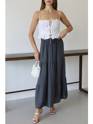 Esranın Dünyası Müslin Kumaş Keten Uzun Etek Antrasit Pt