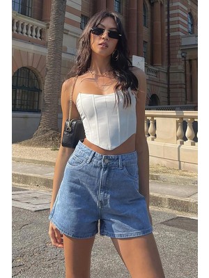 Madmext Mavi Yüksek Bel Cepli Geniş Kesim Jean Şort MG2152