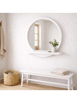 Aypars Atölye 20X20 cm Raflı Masif Ağacı Yuvarlak Ayna – Iskandinav Tarzı Antre ve Banyo Aynası (Beyaz)