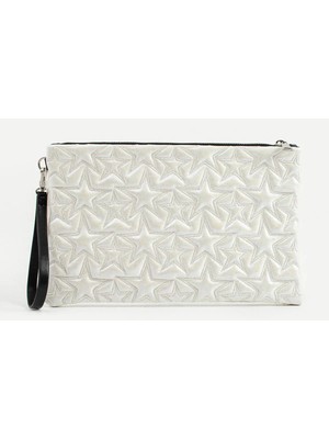 Ecrou Yıldız Desenli Beyaz Parlak Portföy & Clutch Çanta Çıkarılabilir Bileklik Askılı 30 x 19 cm