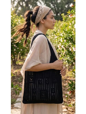 Krd Vintage Kare Motifli Yaz Çantası Siyah