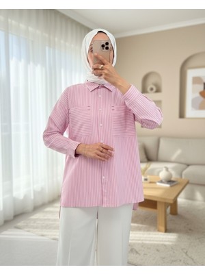 Puntalı Çizgili Gömlek -Pembe