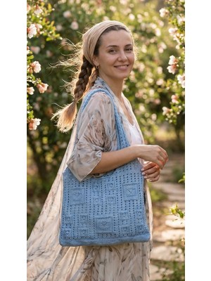 Krd Vintage Kare Motifli Yaz Çantası Bebe Mavisi