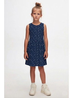 Koyu Lacivert Little Stars Kız Çocuk Desenli Kolsuz Elbise