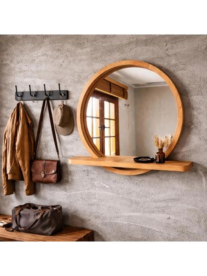 Aypars Atölye 20X20 cm Raflı Masif Ağacı Yuvarlak Ayna – Iskandinav Tarzı Antre ve Banyo Aynası (Kayın)