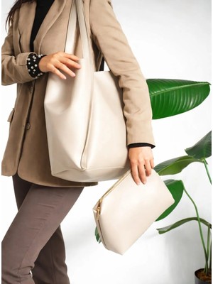 Özüm Çanta Kadın Büyük Boy Yavrulu El Omuz ve Kol Çantası Krem