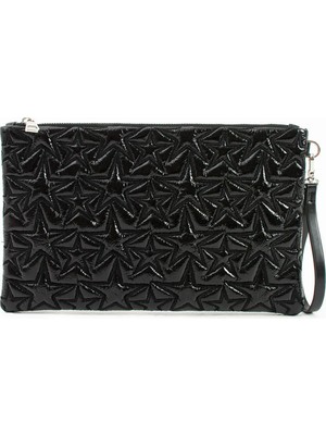 Ecrou Yıldız Desenli Siyah Parlak Portföy & Clutch Çanta Çıkarılabilir Bileklik Askılı 30 x 19 cm