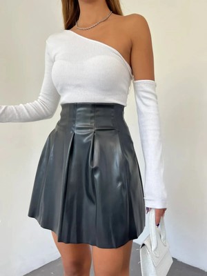 362 Fashion Butik Deri Pileli Etek