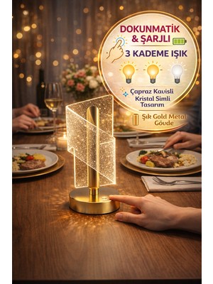 Toyfest Dokunmatik Şarjlı LED Masa Lambası Gold Kristal Dekoratif 3 Işık Modlu Kablosuz Aydınlatma