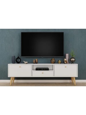 Vivense Penta Tv Sehpası, Ahşap Ayaklı, Beyaz, 160 cm