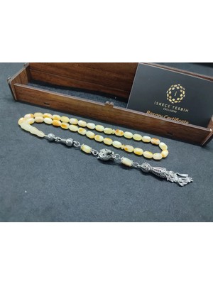 İskeçe Tesbih Ahşap Kutulu  6.75 Gr. Gümüş Püsküllü Toprak Fosi̇lli̇ 9 Gr. Rus Kaya Damla