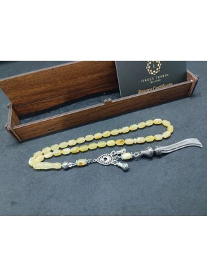 İskeçe Tesbih Ahşap Kutulu  6.75 Gr. Gümüş Püsküllü Toprak Fosi̇lli̇ 9 Gr. Rus Kaya Damla