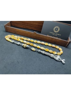 İskeçe Tesbih Ahşap Kutulu  6.75 Gr. Gümüş Püsküllü Toprak Fosi̇lli̇ 13.20 Gr. Rus Kaya Damla