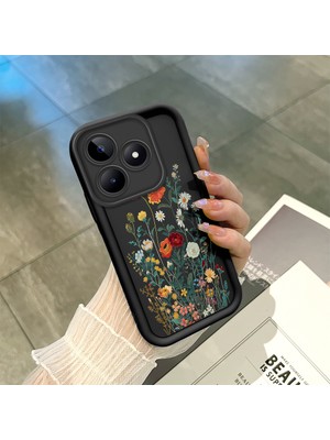 HONTINGA Realme Note 50 4g ile Uyumlu Kılıfı Düşüme Önleyici Basitlik Anti Düşme Kamera Korumali Çiçek Siyah Desen Yumuşak Silikon Telefon Kılıfı Kadın ve Erkek Için Uygundur K2-0409